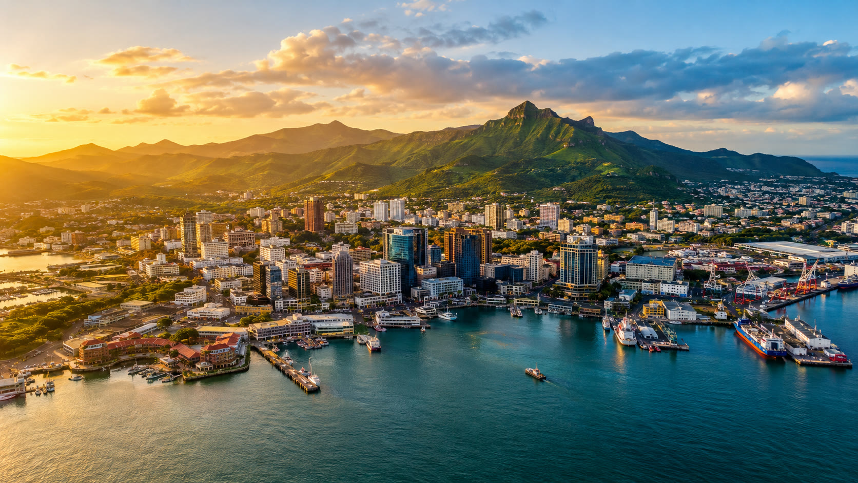 Aerial view of Port Louis, Mauritius, at sunset